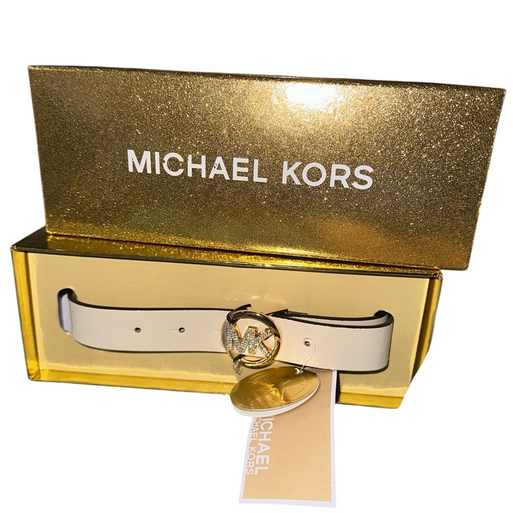 NIB Michael Kors  25MM REVERSIBLE Pave Logo Belt In Box SZ L/ XL BLING LOGO
